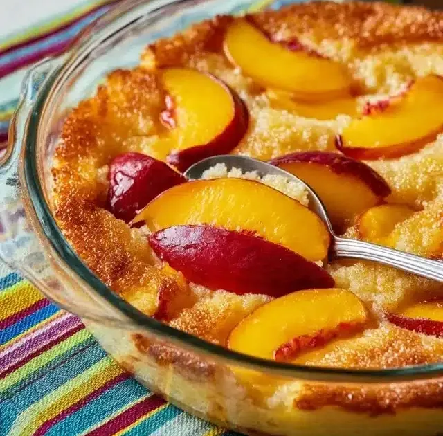 Homemade Peach Spoon Cake topped with fresh peaches and whipped cream