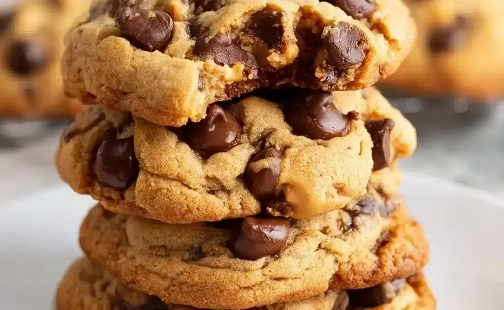 Peanut Butter Banana Chocolate Chip Cookies stacked on a plate