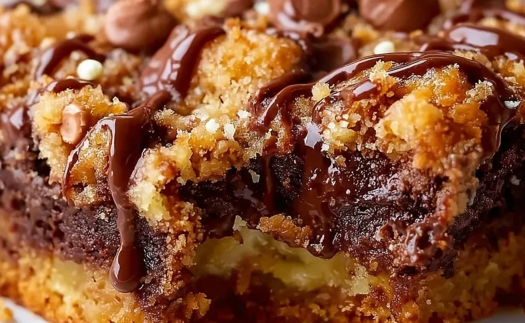 Delicious Peanut Butter Cup Dump Cake topped with peanut butter cups and chocolate