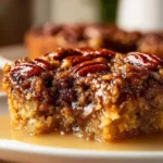 Delicious Pecan Pie Cobbler served warm with a scoop of vanilla ice cream.