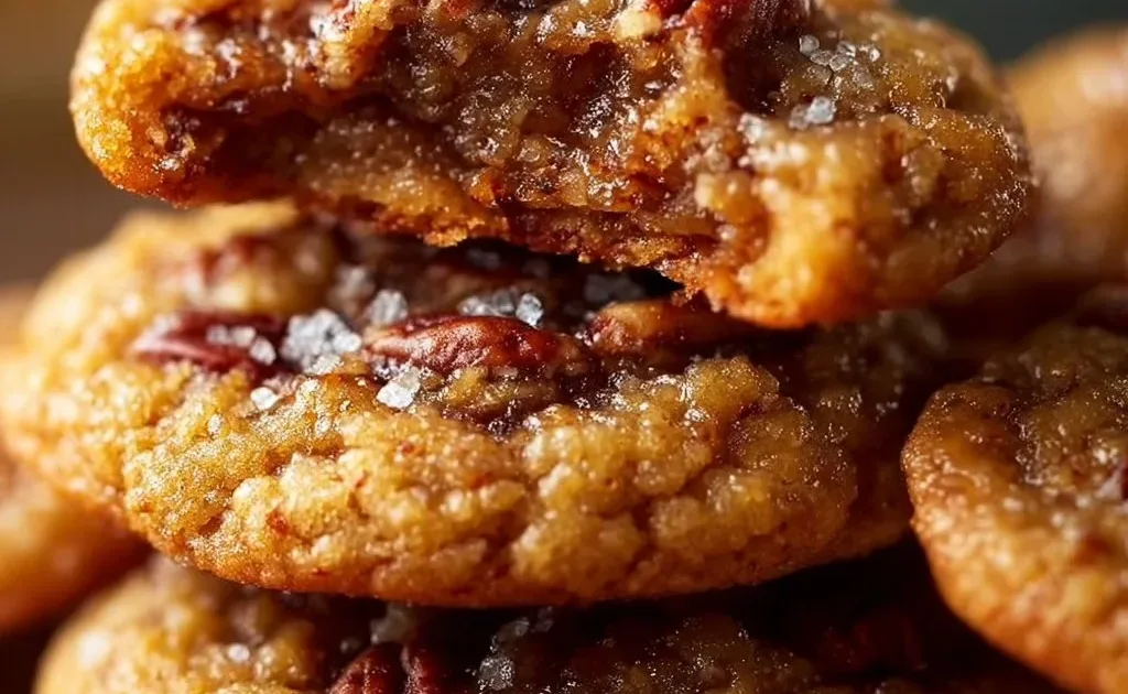 Pecan pie cookies on a plate, showcasing their delicious nutty texture.