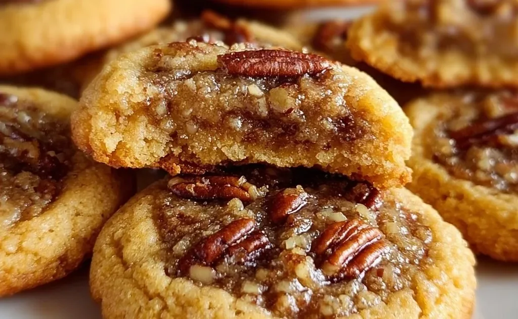 Pecan pie cookies topped with pecans on a rustic wooden table