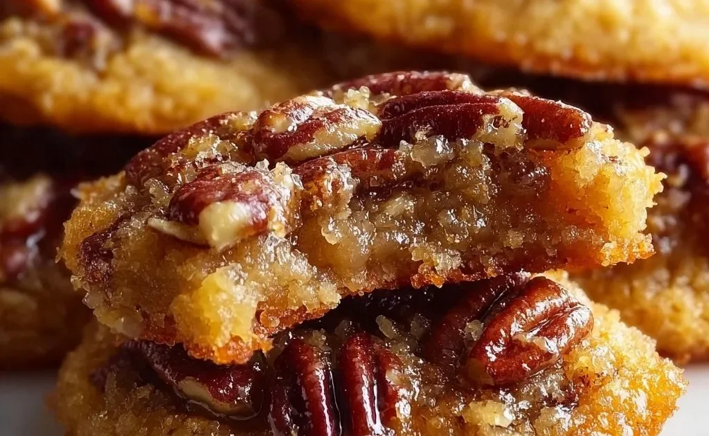 Delicious homemade pecan pie cookies topped with pecans and caramel