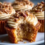 Pecan pie cupcakes topped with brown sugar frosting, garnished with pecans.