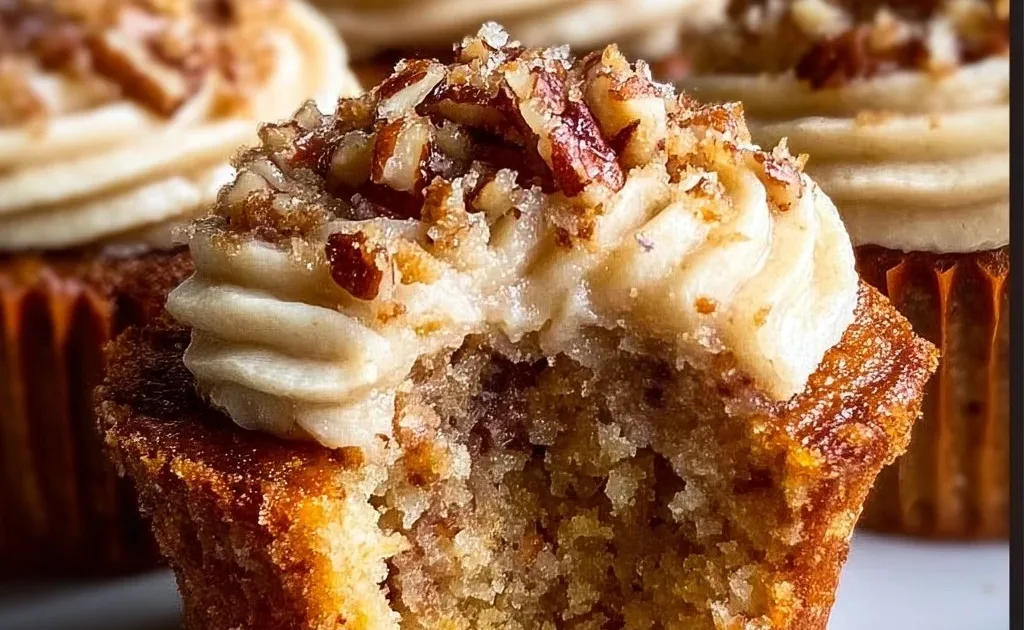 Pecan pie cupcakes topped with brown sugar frosting, garnished with pecans.