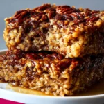 Baked pecan pie oatmeal in a dish, topped with pecans and caramel drizzle