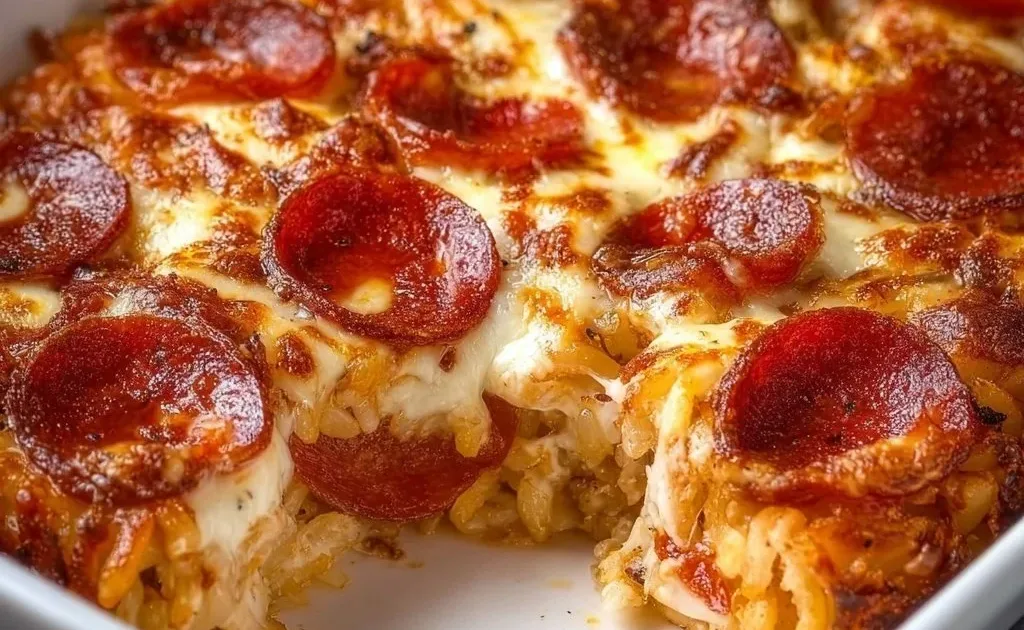 Delicious Pepperoni Pizza Casserole served in a baking dish