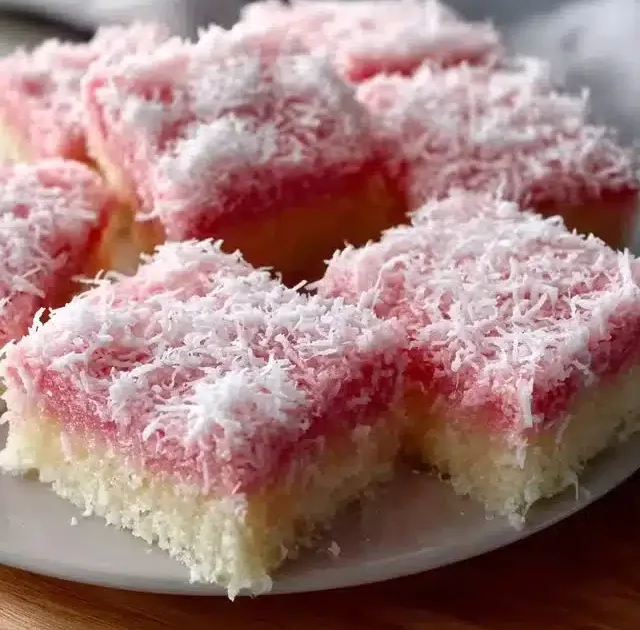 Pink Coconut Snowball Cake Bars topped with coconut flakes and pink frosting.
