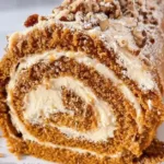 Pumpkin roll dessert with caramel praline frosting on a rustic table