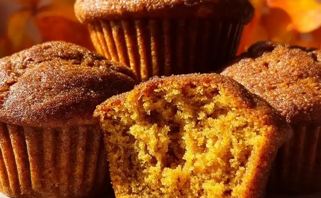Freshly baked pumpkin spice muffins topped with cinnamon and sugar