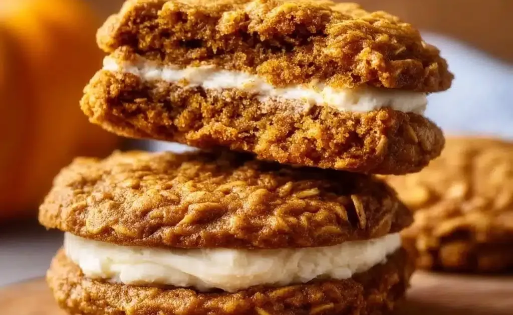Pumpkin spice oatmeal cream pies with creamy filling for a delicious fall treat