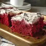 Delicious homemade Red Velvet Snack Cake topped with cream cheese frosting