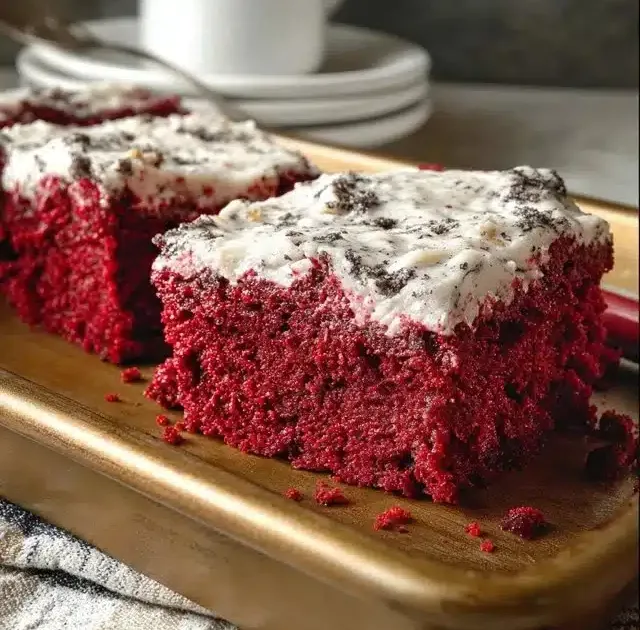 Delicious homemade Red Velvet Snack Cake topped with cream cheese frosting