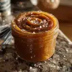 Jar of salted caramel apple butter with apples and cinnamon sticks