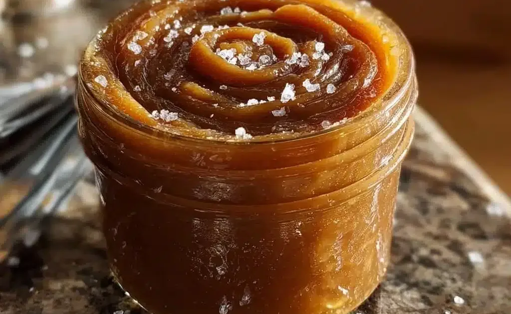 Jar of salted caramel apple butter with apples and cinnamon sticks