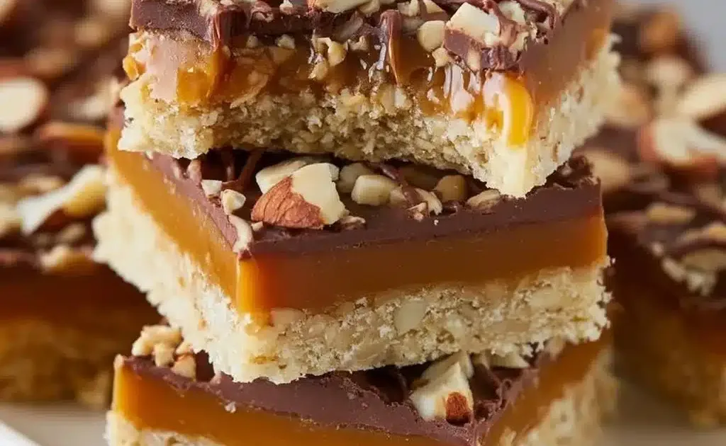 Delicious Salted Caramel Nut Slice with nuts and caramel drizzle