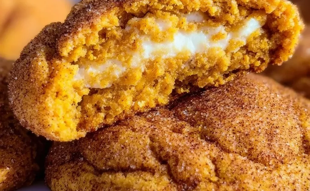 Soft pumpkin snickerdoodle cheesecake cookies on a plate