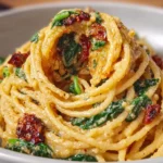 Spaghetti spinach topped with sun-dried tomato cream sauce on a white plate.