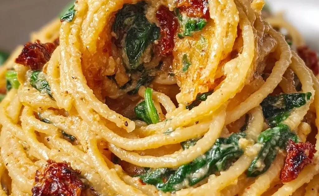 Spaghetti spinach topped with sun-dried tomato cream sauce on a white plate.