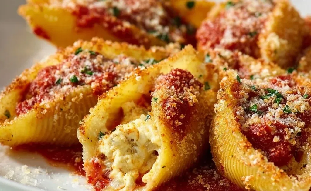Delicious stuffed pasta shells filled with cheese and herbs served in marinara sauce