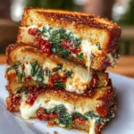 Sun-dried tomato, spinach, and ricotta grilled cheese sandwich served on a plate