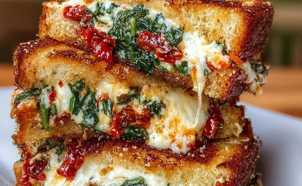 Sun-dried tomato, spinach, and ricotta grilled cheese sandwich served on a plate