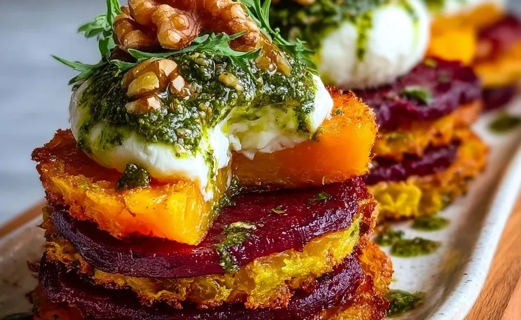 Sweet potato and beet stacks topped with pesto, burrata, and walnuts