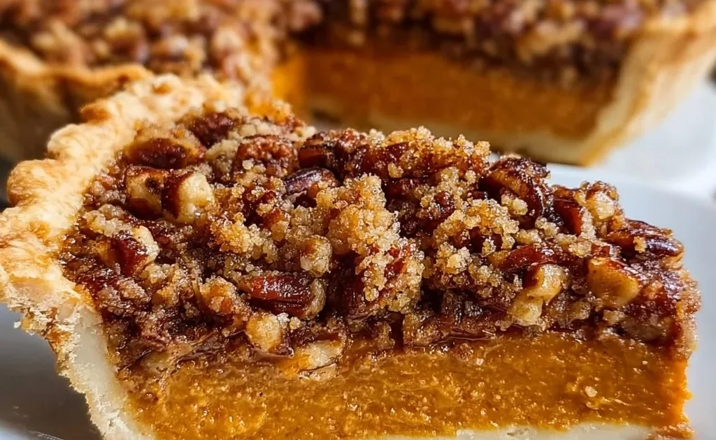 Slice of Sweet Potato Pie with Pecan Praline Crunch on a plate
