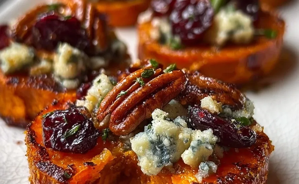 Sweet potato rounds topped with blue cheese, cranberries, and pecans