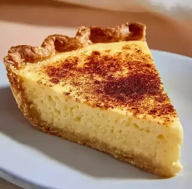 Slice of Old Fashioned Custard Pie served on a plate