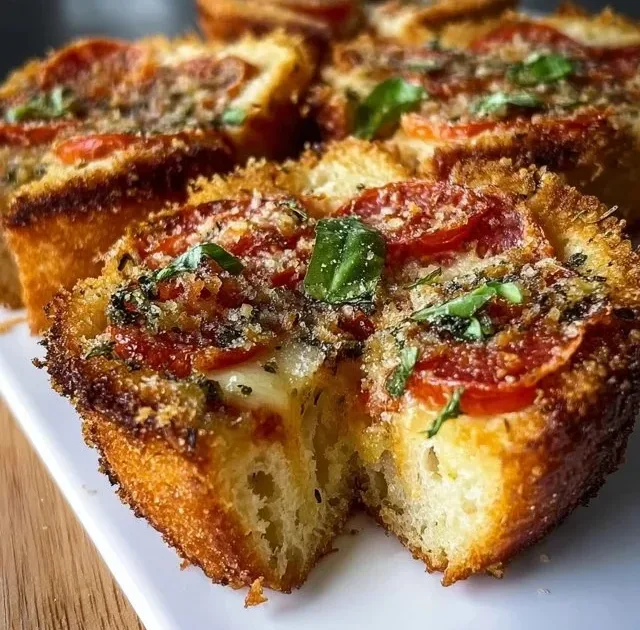 Deliciously baked Tomato Basil Garlic Bread with fresh ingredients