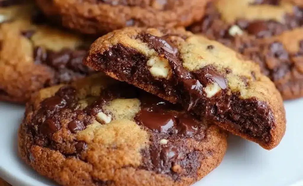 Delicious triple chocolate NYC cookies with rich chocolate chunks and a crispy texture