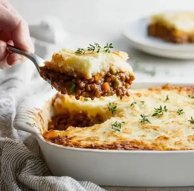 Delicious Vegetarian Shepherd's Pie with Lentils served in a bowl