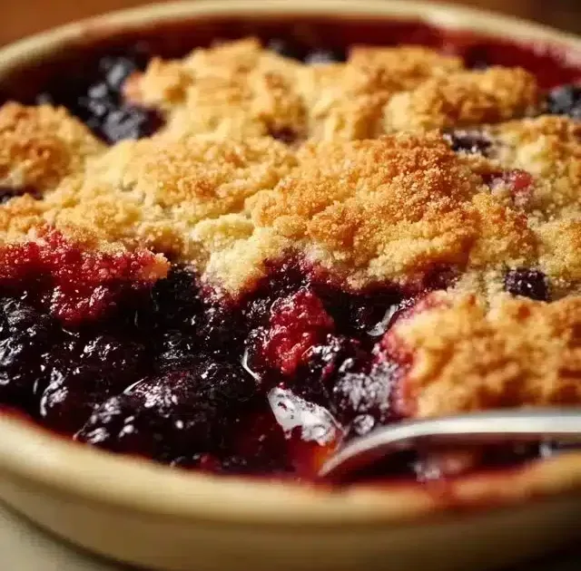 Delicious warm blackberry cobbler served in a bowl with fresh berries.