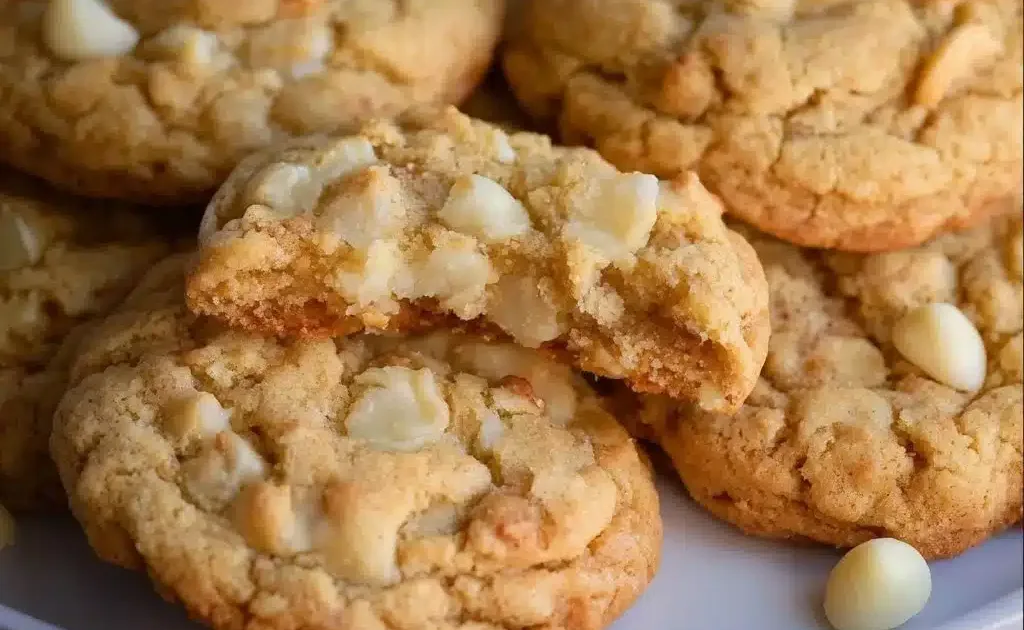 Freshly baked white chocolate macadamia cookies on a cooling rack
