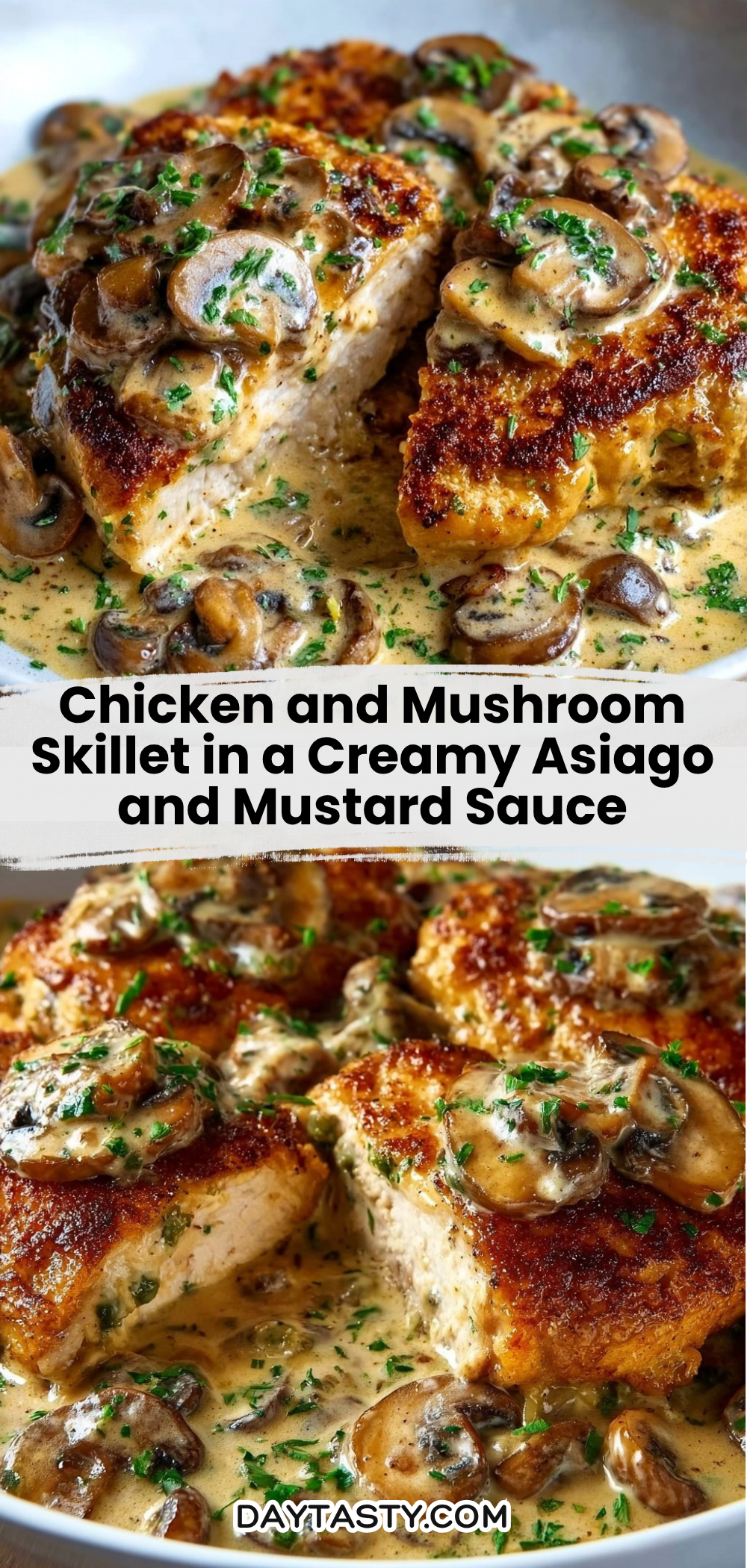 Chicken and Mushroom Skillet in a Creamy Asiago and Mustard Sauce

