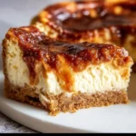 Delicious slice of Apple Butter Cheesecake topped with caramel and cinnamon.