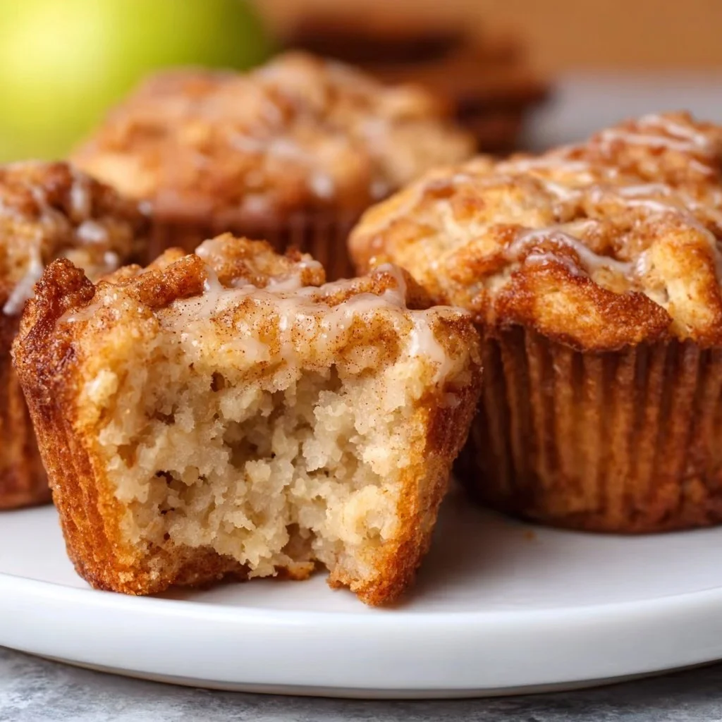 Freshly baked apple cinnamon muffins with a golden crust and apple chunks.