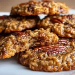 Bakery-style pecan pie oatmeal cookies with pecans and caramel drizzle