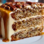 Delicious Banana Pecan Caramel Layer Cake with layers of caramel and pecans