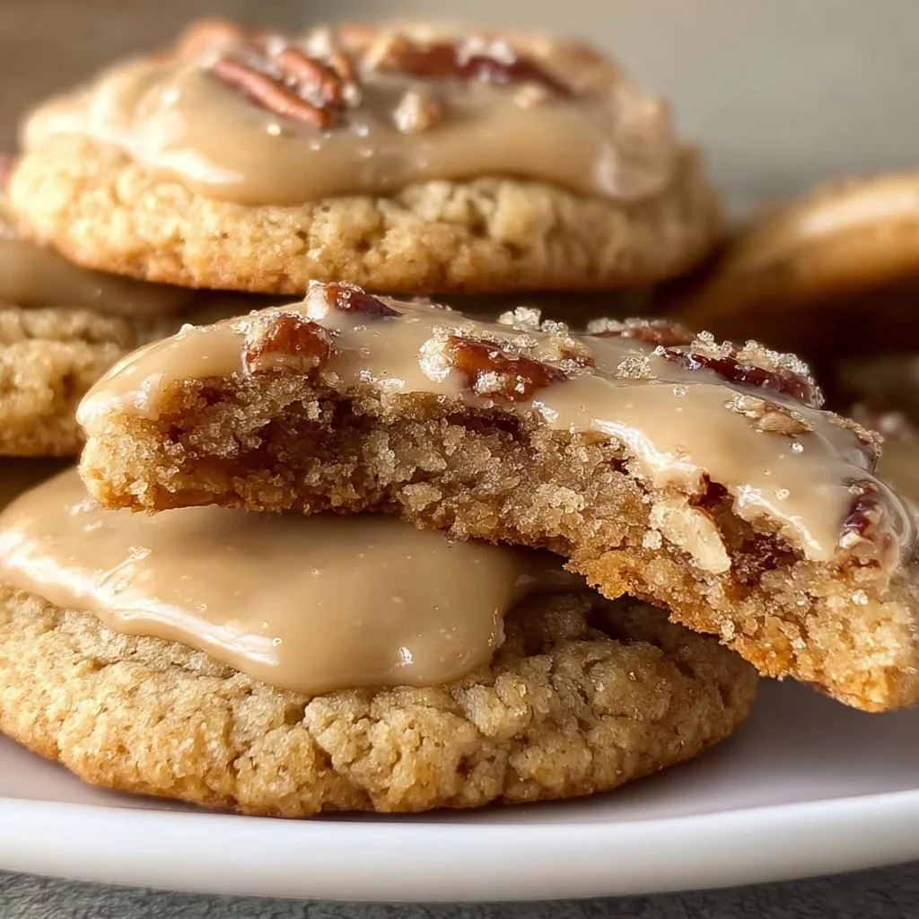 Brown Sugar Pecan Cookies with luscious brown sugar frosting on a plate