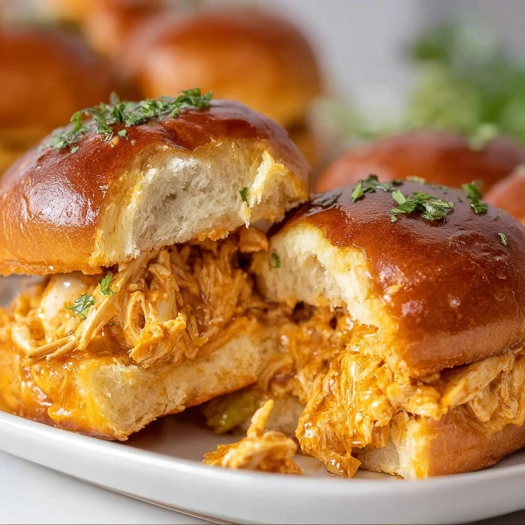 Buffalo Chicken Sliders served on a platter with sauce and garnishes