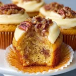 Delicious butter pecan cupcakes topped with creamy frosting and pecans