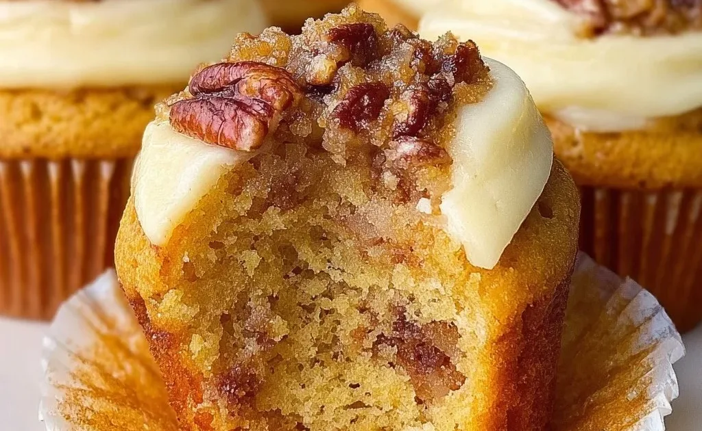 Delicious butter pecan cupcakes topped with creamy frosting and pecans