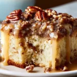 Delicious Butter Pecan Praline Poke Cake topped with caramel and pecans