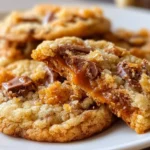Delicious Butterfinger Caramel Crunch Cookies stacked on a plate