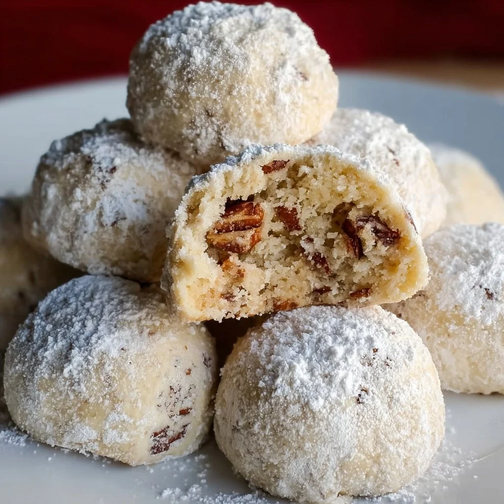 Buttery pecan snowball cookies dusted with powdered sugar on a plate.