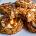 Delicious Caramel Cheesecake Cookies with creamy frosting and caramel drizzle.