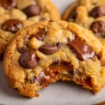 Freshly baked caramel chocolate chip cookies on a cooling rack