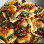 Cheesy ravioli with spinach, mushrooms, and sun-dried tomatoes on a plate